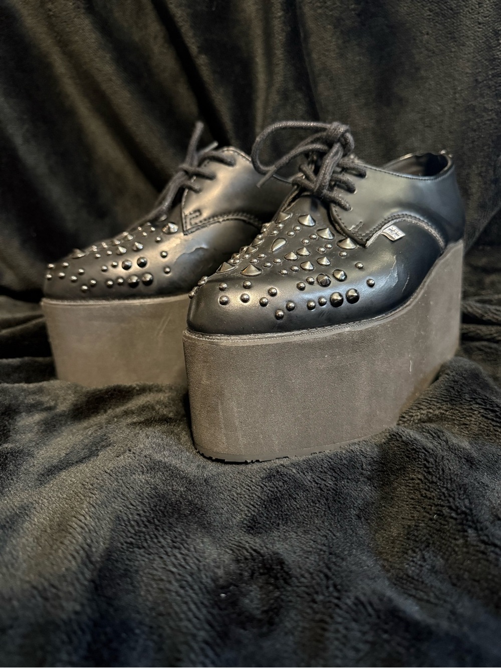 T.U.K Black Leather Mix Stud Pointed 3x Stack Creeper